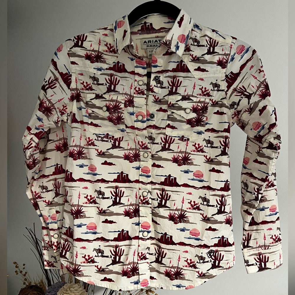 Ariat Cream Button-Down Shirt with Burgundy Desert Print and Pink Accents